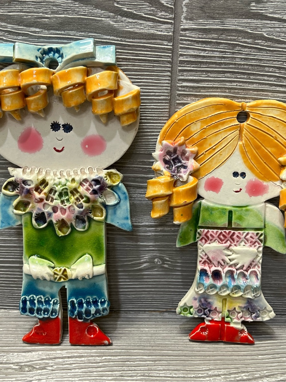 Vintage Hand Painted Italian Ceramic Angel Wall Art 3 D Boy Girl Set Of 2